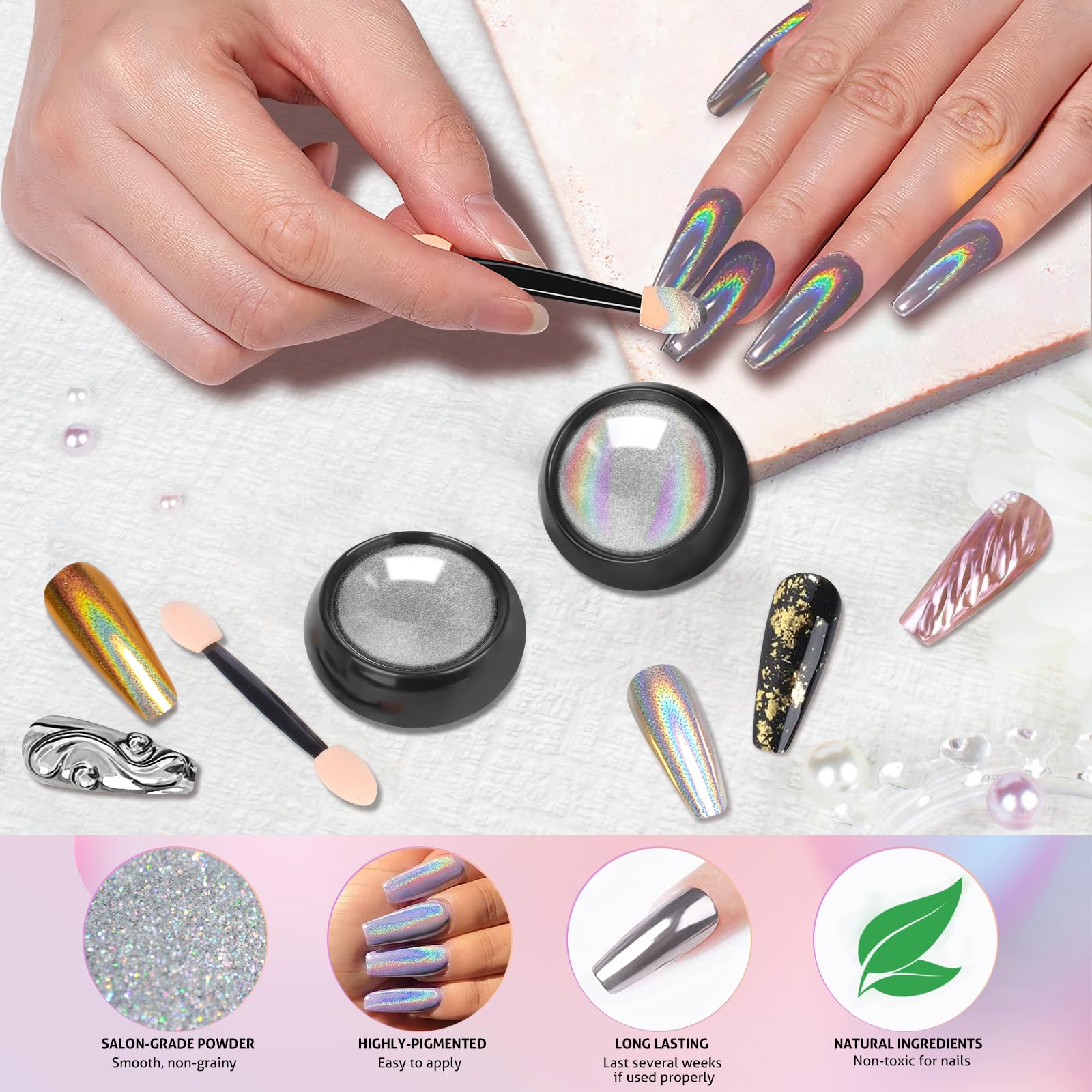 DRMODE poudre chrome holographique argent sur ongles brillance irisée