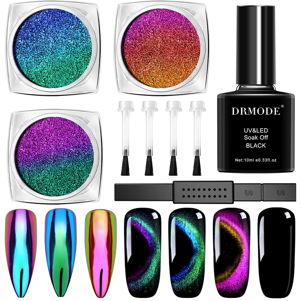 DRMODE poudre œil-de-chat chrome pour ongles, effet changeant selon l’angle.
