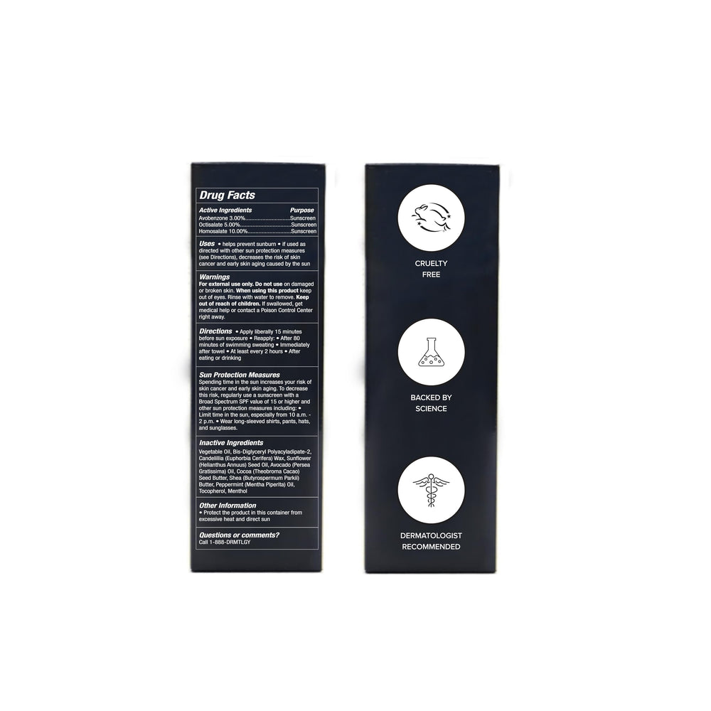 DRMTLGY baume lèvres SPF25 convient au quotidien en extérieur.