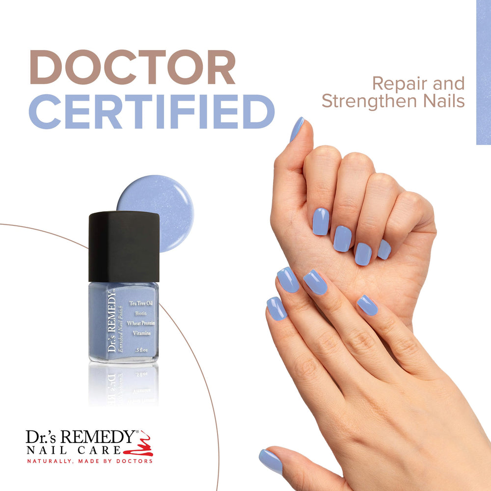 Dr. Remedy Enriched Nail Polish brush applying Periwinkle for quick-dry shine.