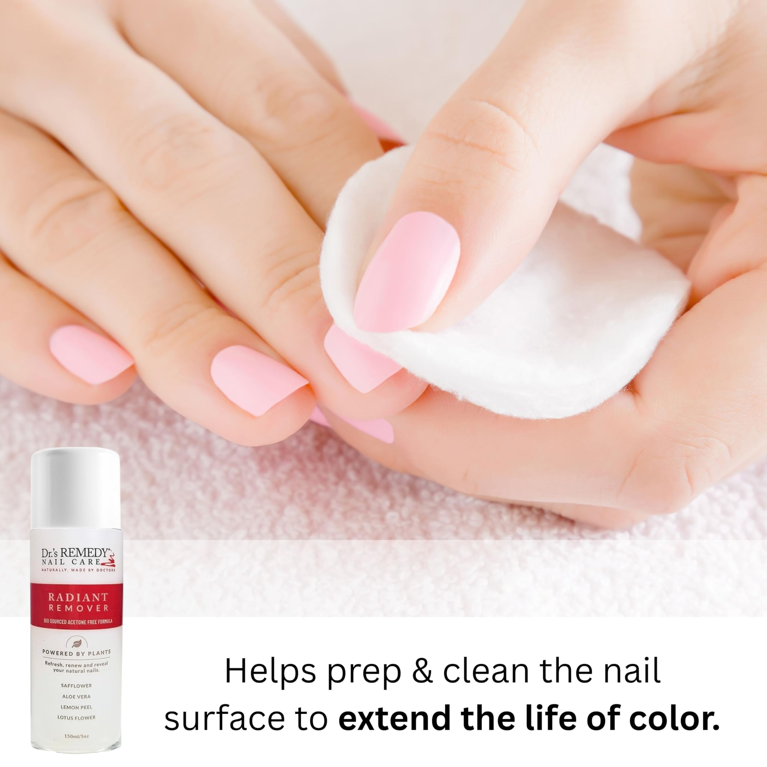 Dr.'s Remedy remover pours to demonstrate easy removal with hydration