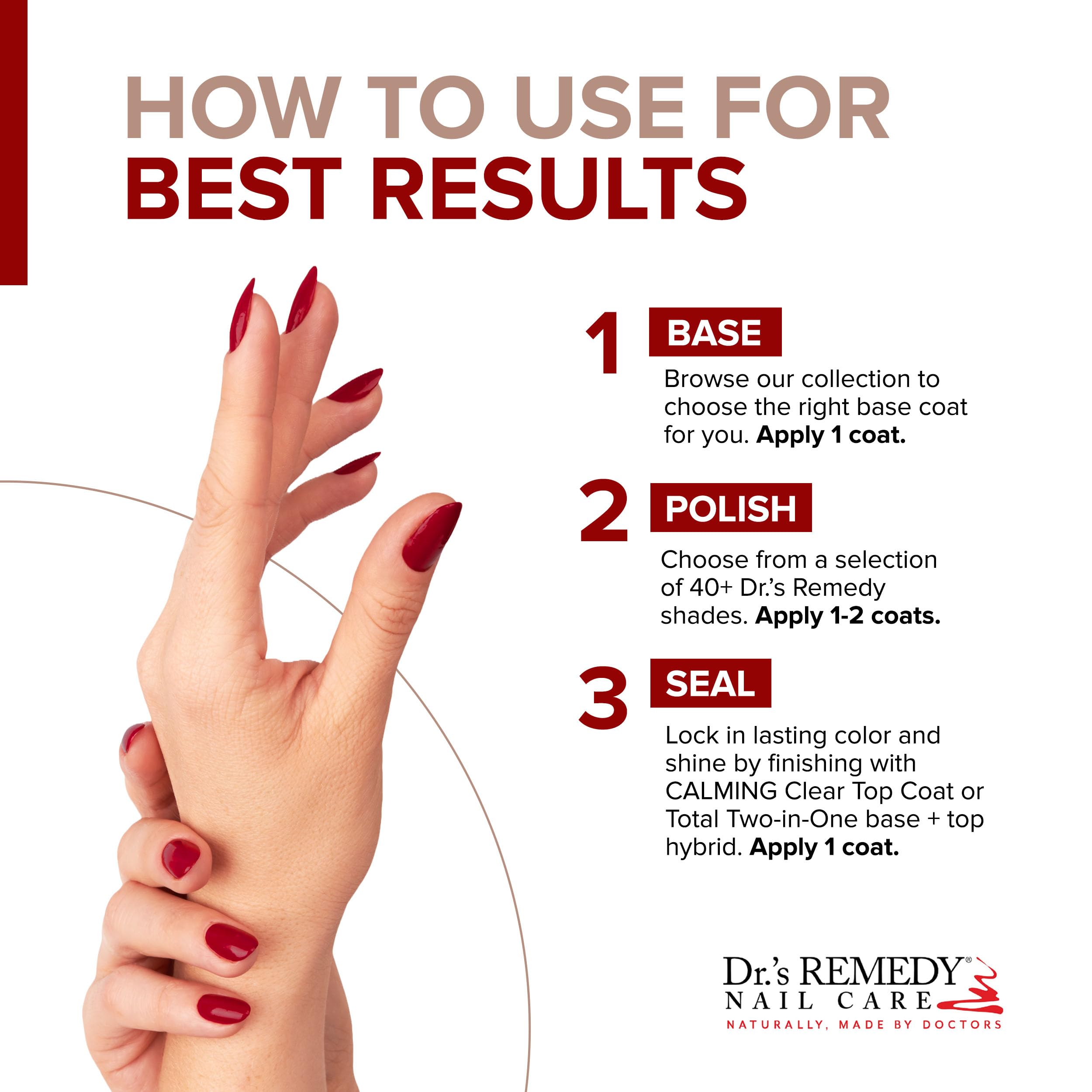 Dr.’s Remedy Rescue Red drying time scene communicates fast-dry formula.