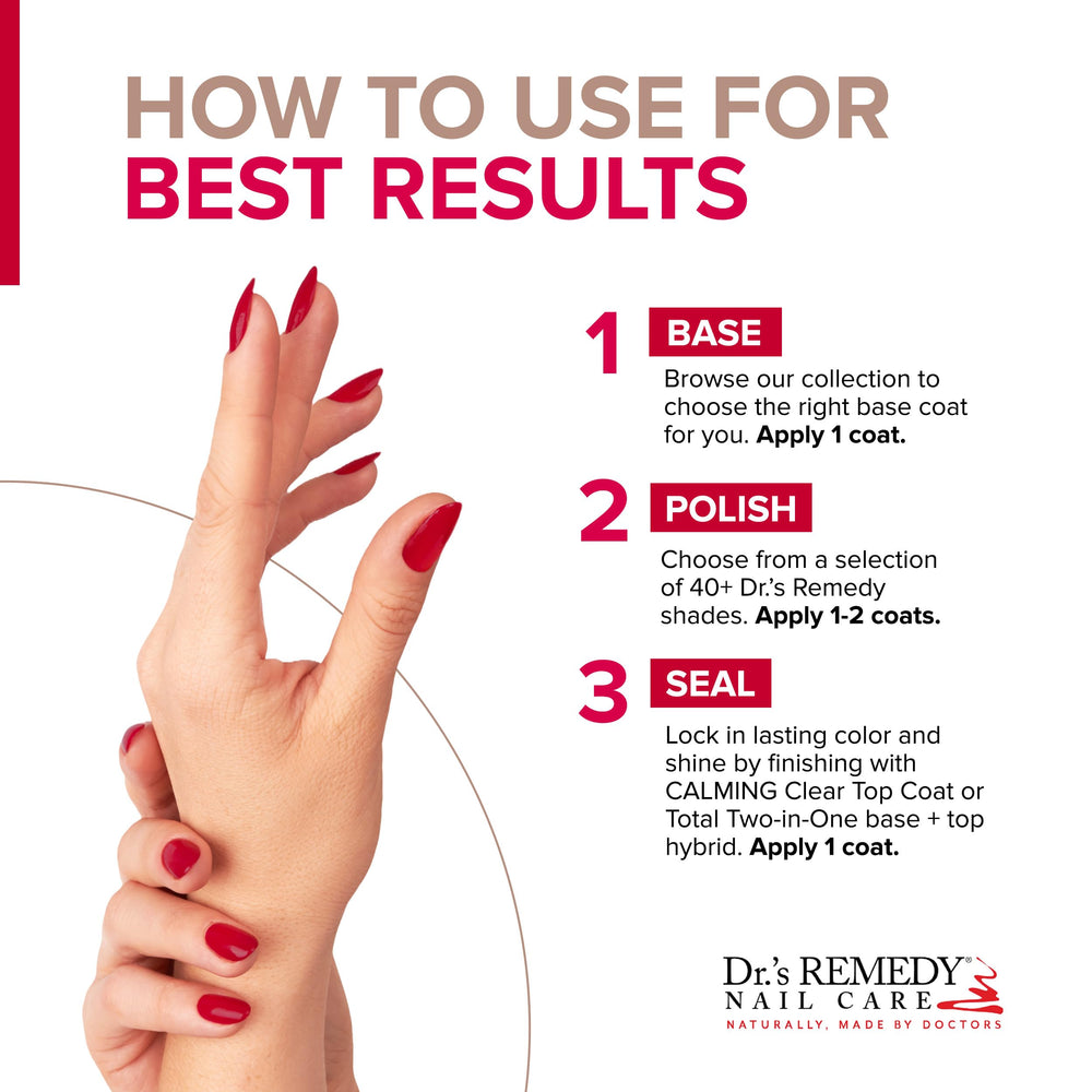 Vernis formule sans toxines Dr.’s Remedy – Bouteille: sans ingrédients agressifs.