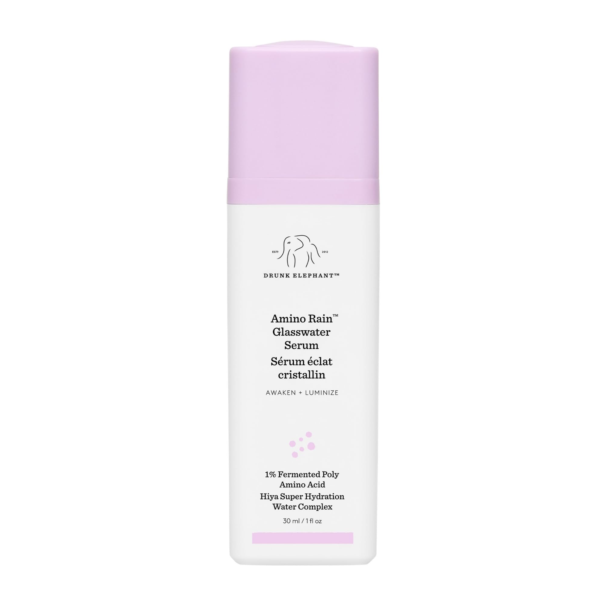 Sérum Drunk Elephant Amino Rain Glasswater – bouteille-pompe, hydratation rapide et absorption efficace.