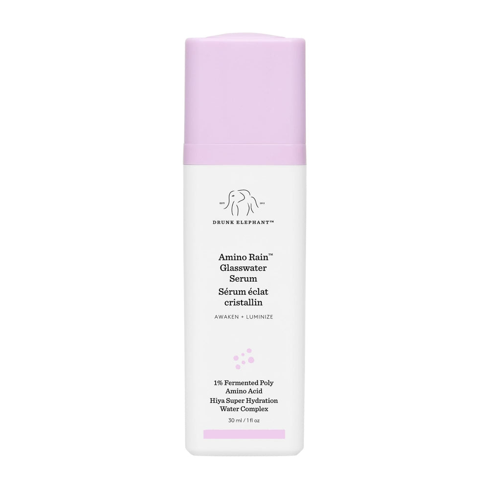 Sérum Drunk Elephant Amino Rain Glasswater – bouteille-pompe, hydratation rapide et absorption efficace.