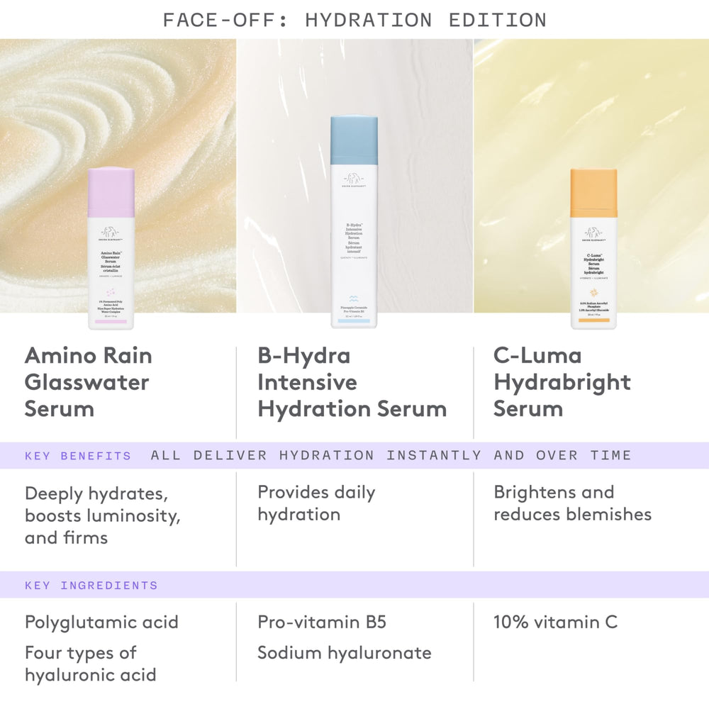 Effet glow naturel du Amino Rain Glasswater Serum, fini verre sans parfum.