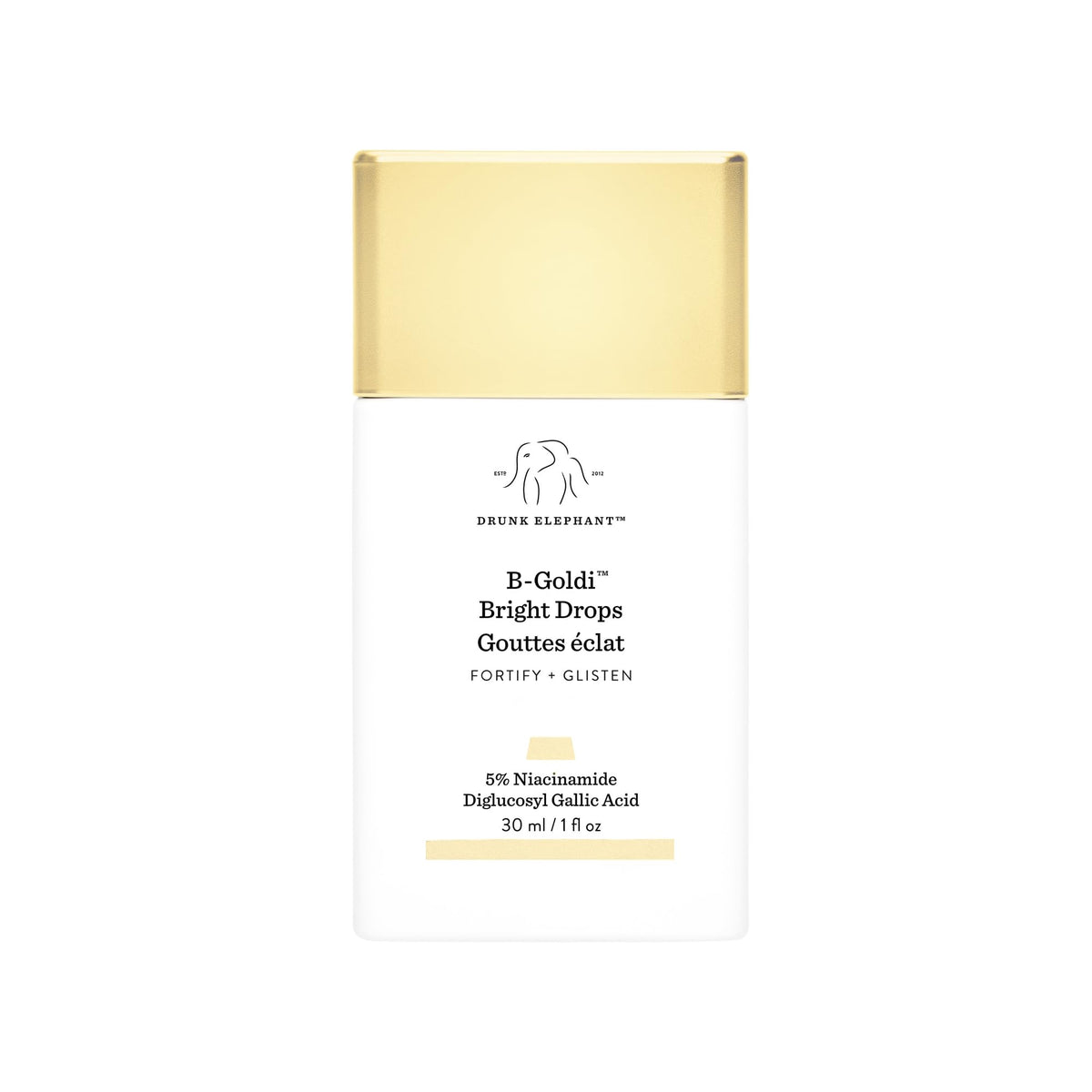 Drunk Elephant B-Goldi Bright Drops sur la bouteille, éclat doré subtil et uniforme.