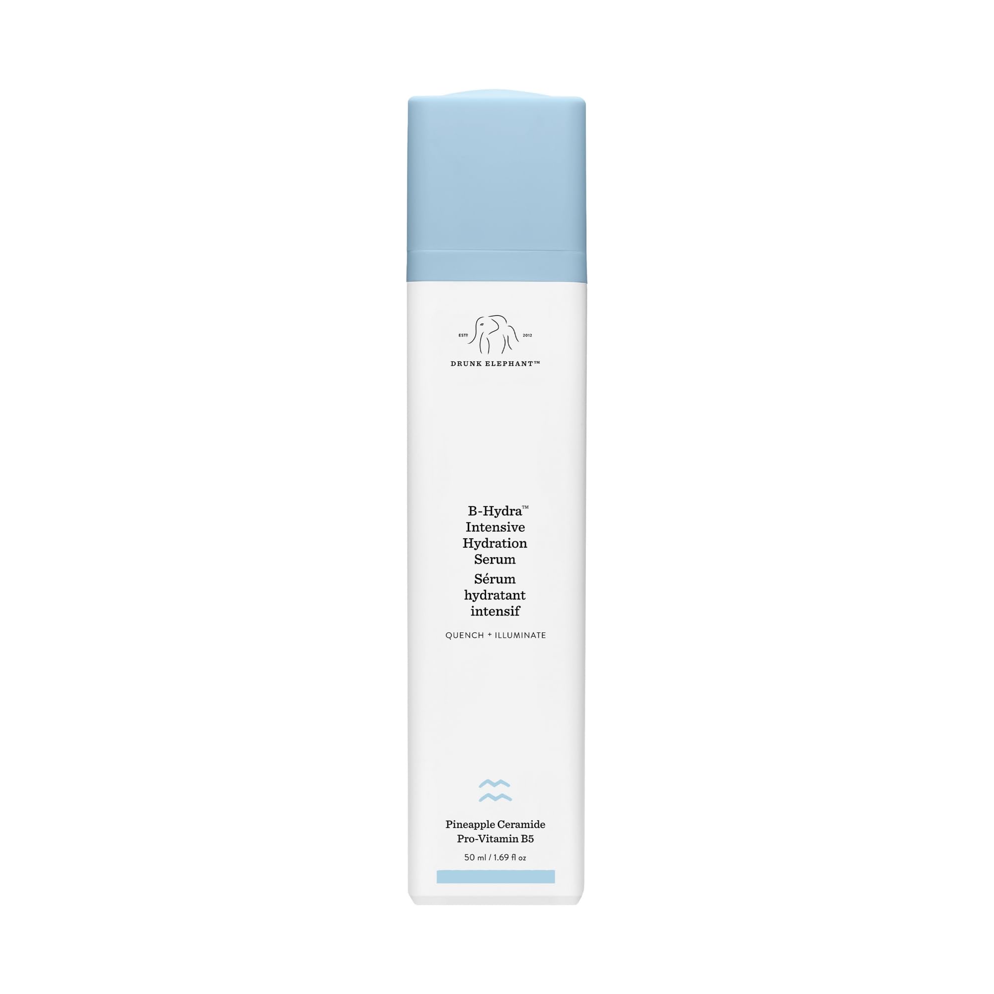 Drunk Elephant B-Hydra sérum, bouteille pompe, hydratation rapide pour peau sèche.