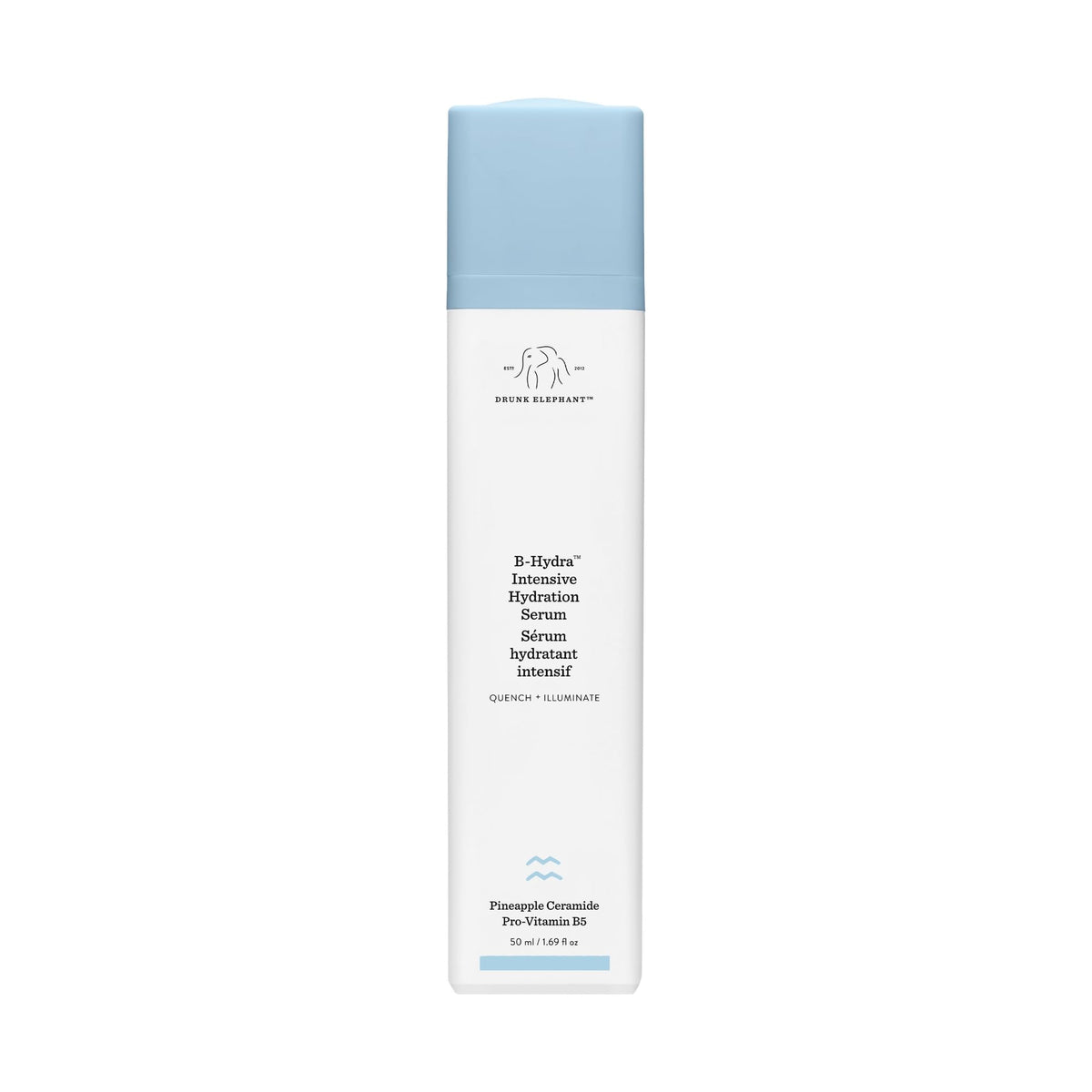 Drunk Elephant B-Hydra sérum, bouteille pompe, hydratation rapide pour peau sèche.
