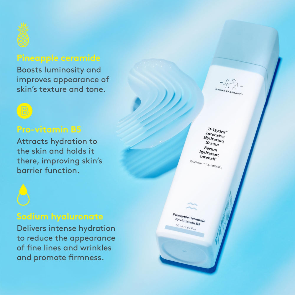 Drunk Elephant B-Hydra sérum, emballage minimaliste et élégant.