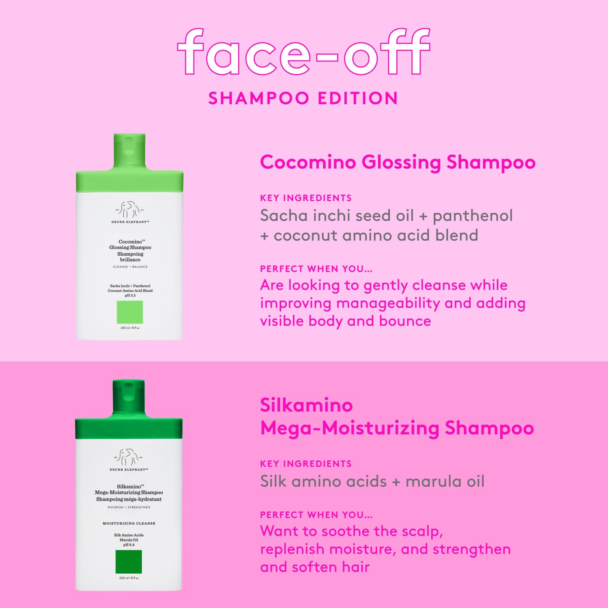 Drunk Elephant shampooing Cocomino glossant — brillance naturelle et souplesse visibles