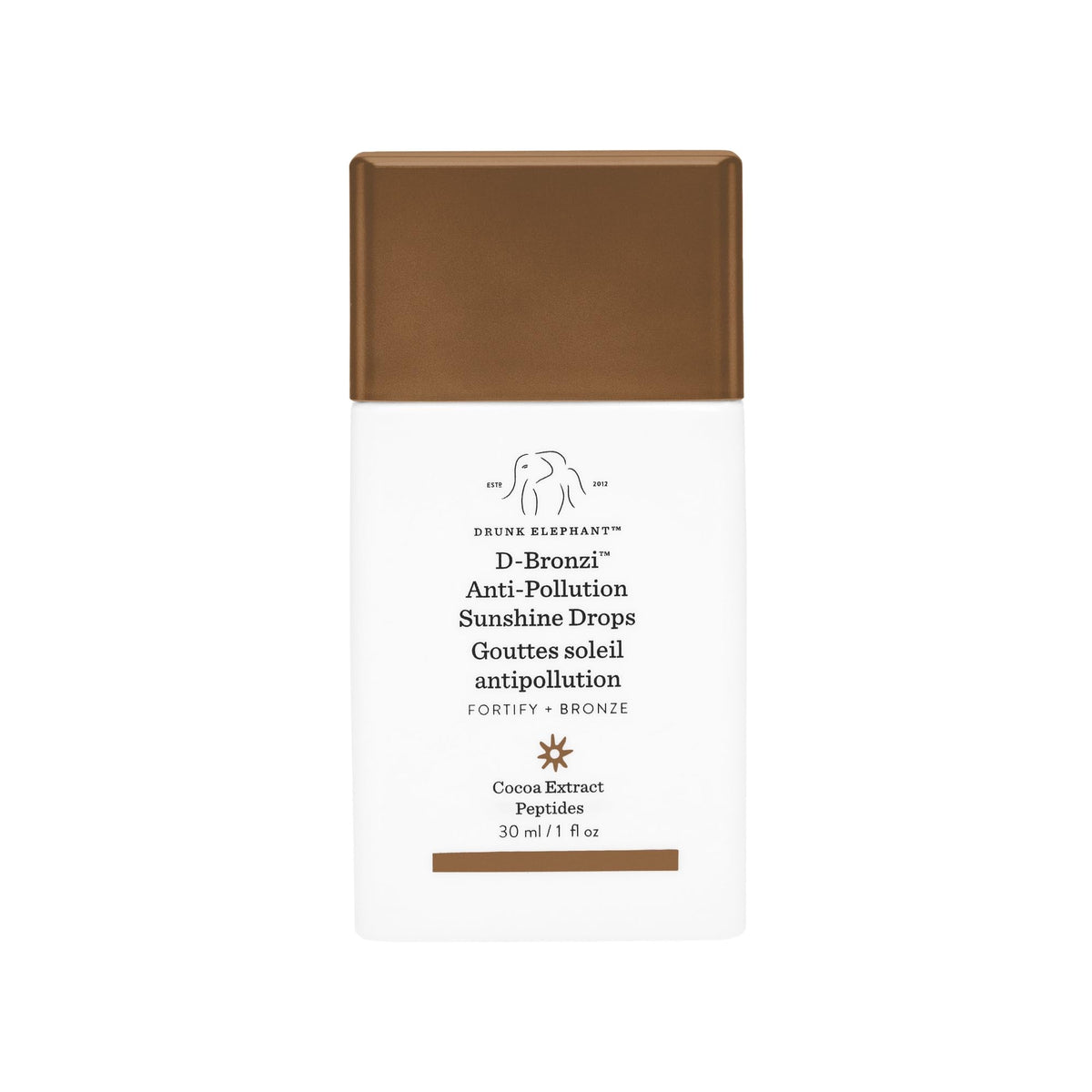 Drunk Elephant D-Bronzi Sunshine Drops : flacon 30 ml couleur dorée.