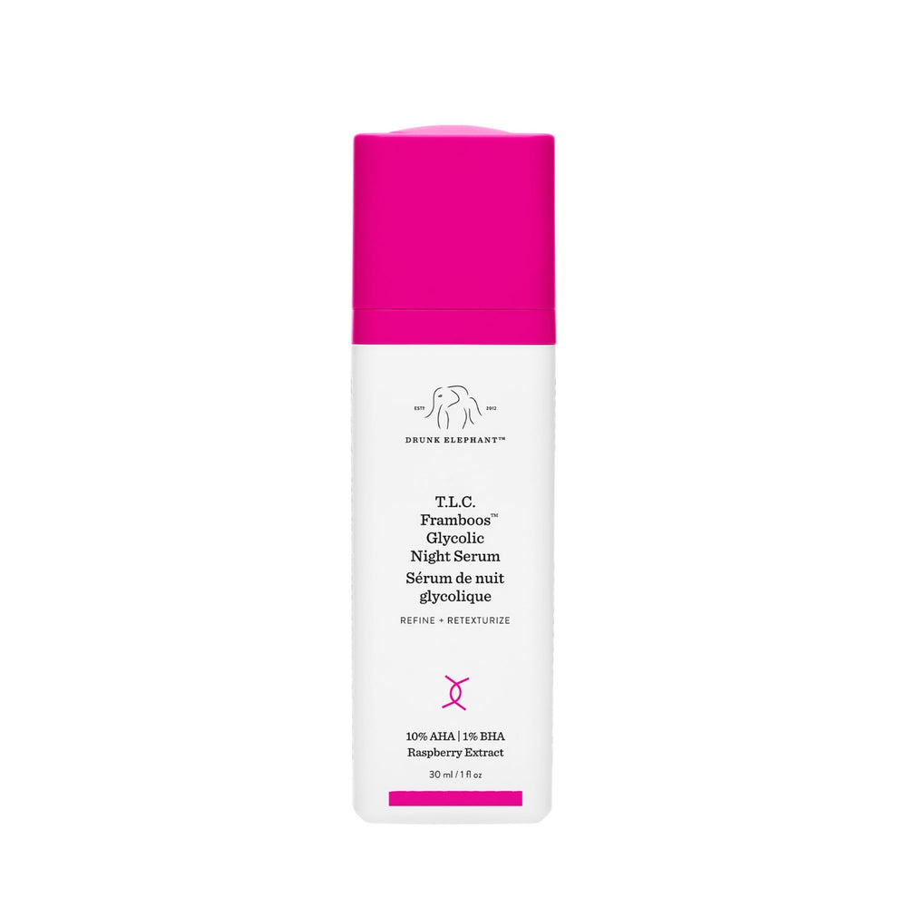 Drunk Elephant Framboos Serum – bouteille prête pour la routine nocturne et exfoliation légère.