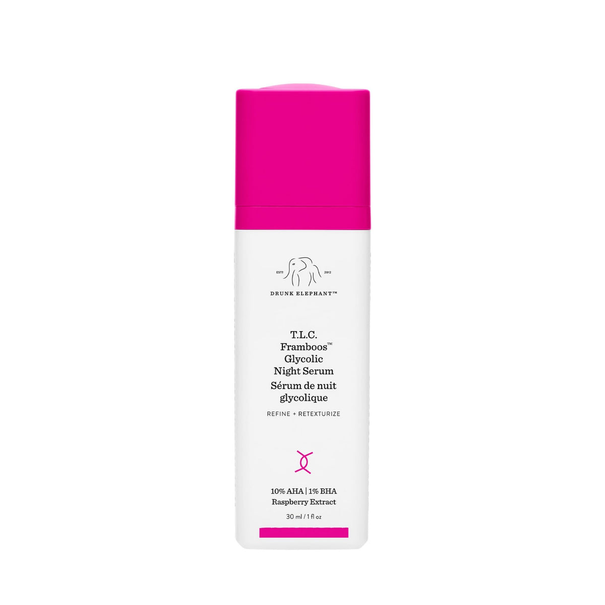 Drunk Elephant Framboos Serum – bouteille prête pour la routine nocturne et exfoliation légère.
