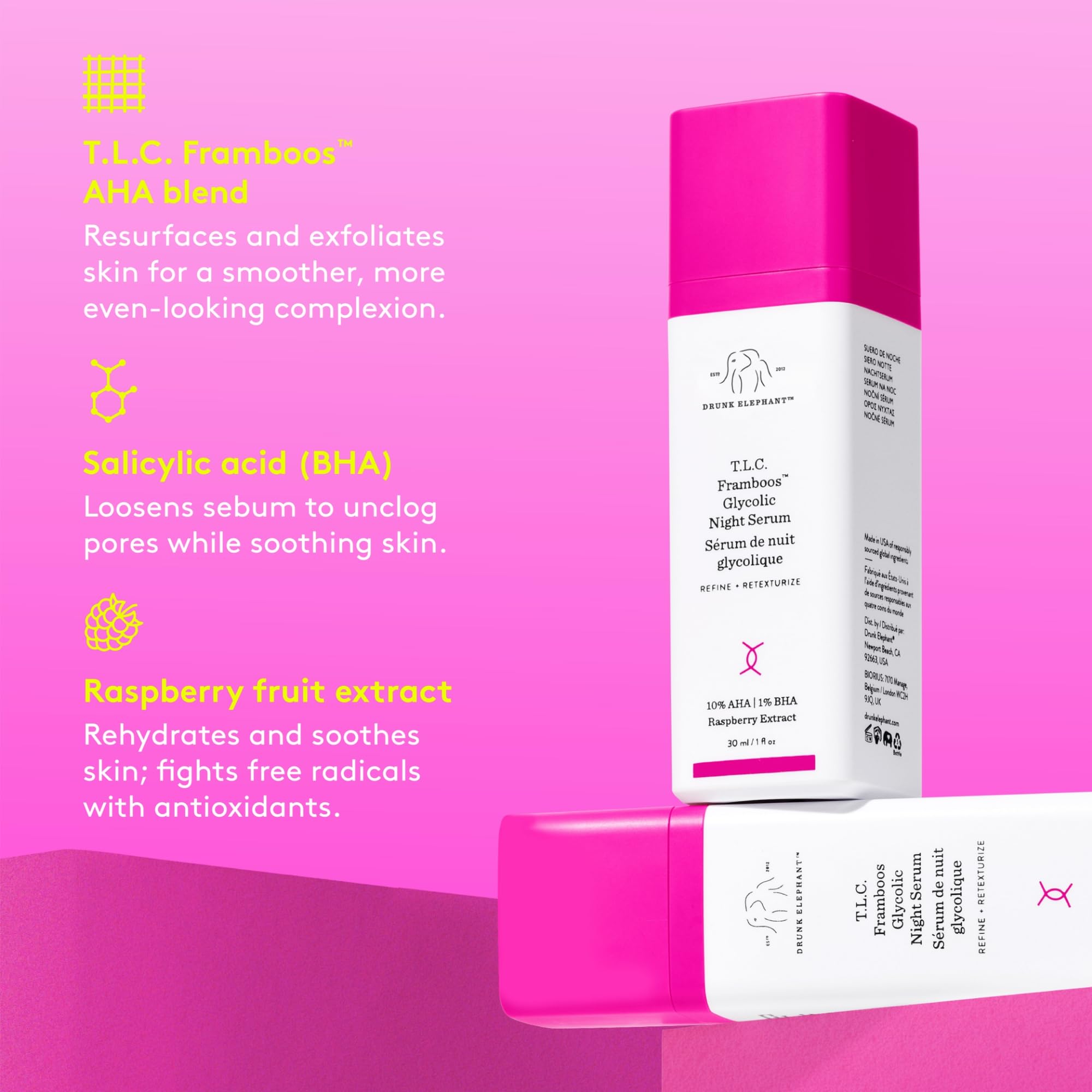 Drunk Elephant Framboos Serum: extrait de framboise et actifs visibles.