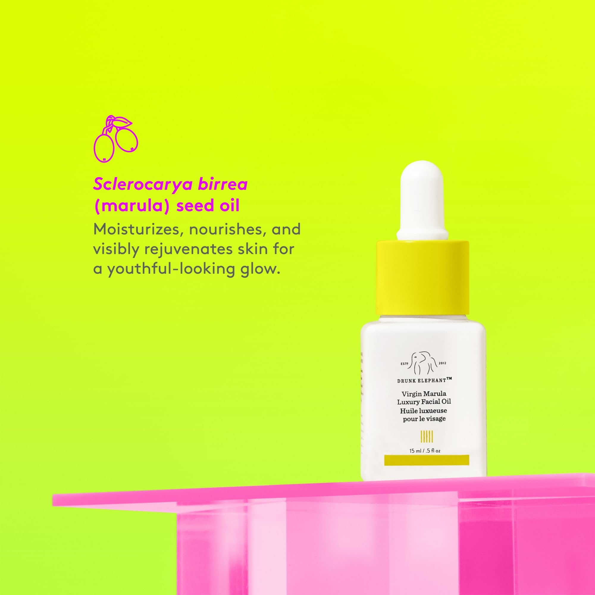 Drunk Elephant Huile Visage Marula Vierge : gouttes sur peau pour nourrir et apaiser
