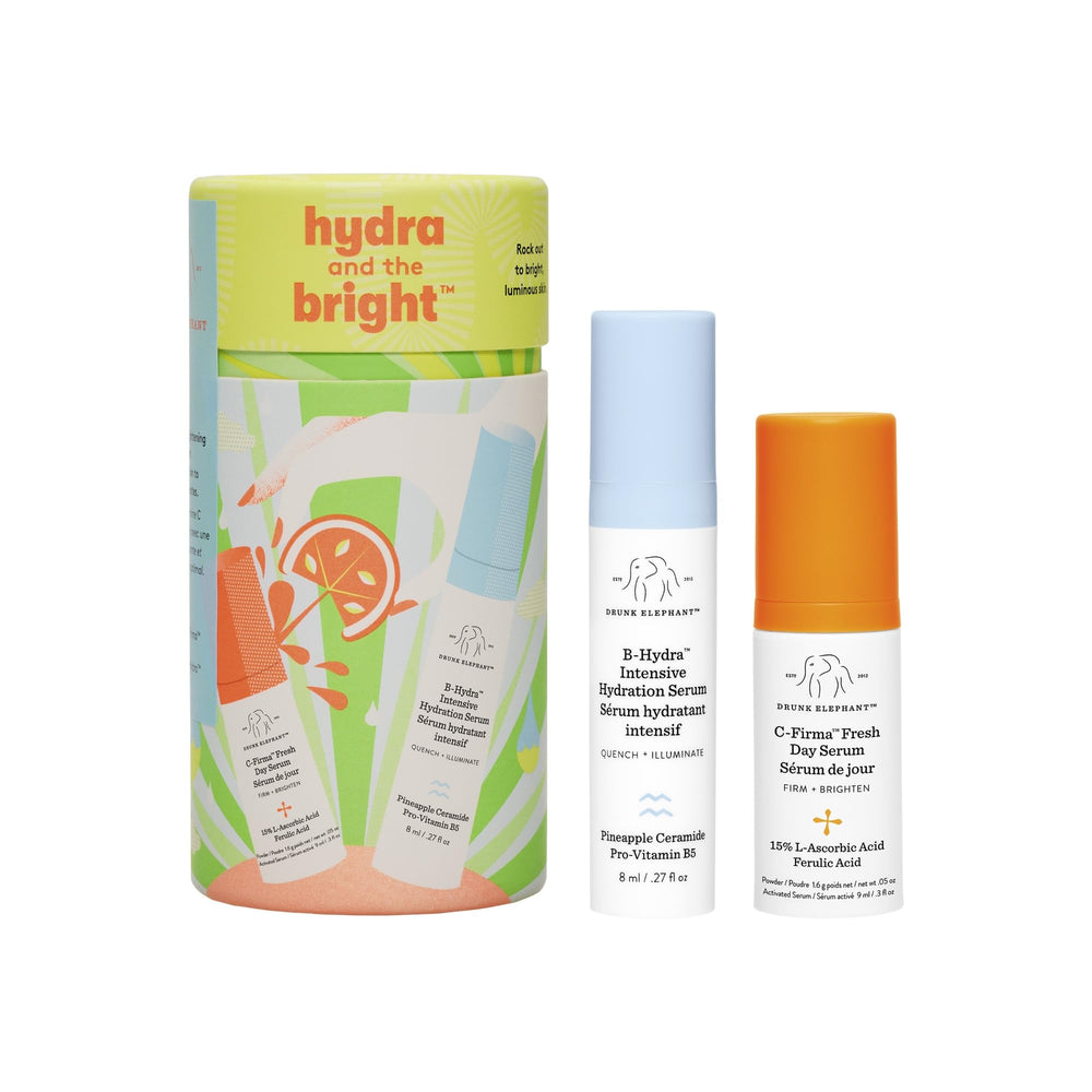 Drunk Elephant Hydra et Bright Duo en flacon, éclat potentiel et hydratation durable.