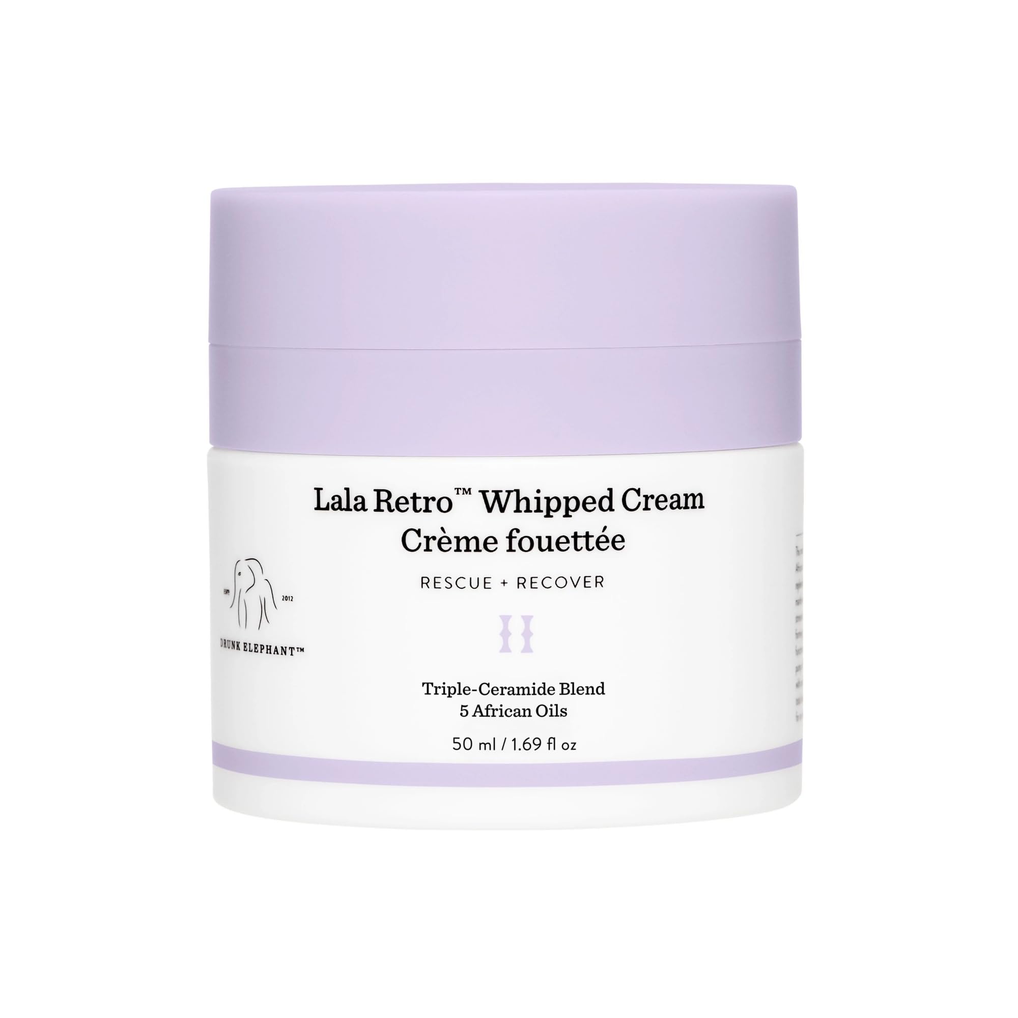 Pot Drunk Elephant Lala Retro crème fouettée, hydratation quotidienne légère et plaisir sensoriel.