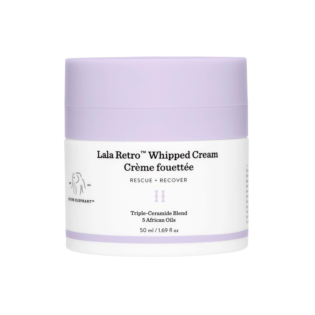 Pot Drunk Elephant Lala Retro crème fouettée, hydratation quotidienne légère et plaisir sensoriel.