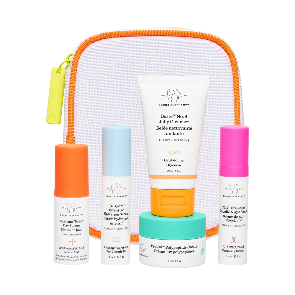 Drunk Elephant Littles Kit : emballage élégant prêt pour voyage et test des essentiels.