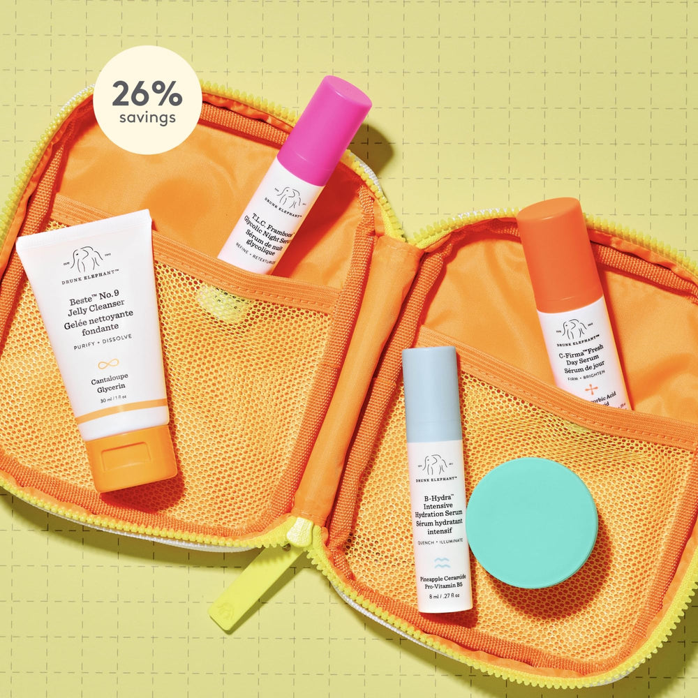Drunk Elephant Littles Kit : mélange matin pour peau lumineuse et ferme.
