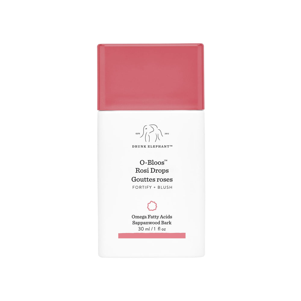 Drunk Elephant O-Bloos Rosi Drops – Bouteille visible avec teinte pêche-rose et effet rosé naturel.