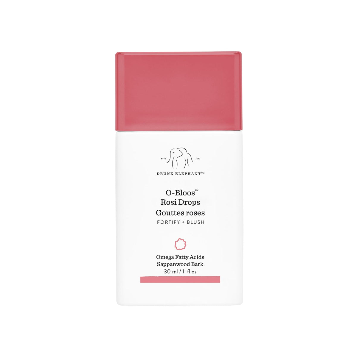 Drunk Elephant O-Bloos Rosi Drops – Bouteille visible avec teinte pêche-rose et effet rosé naturel.