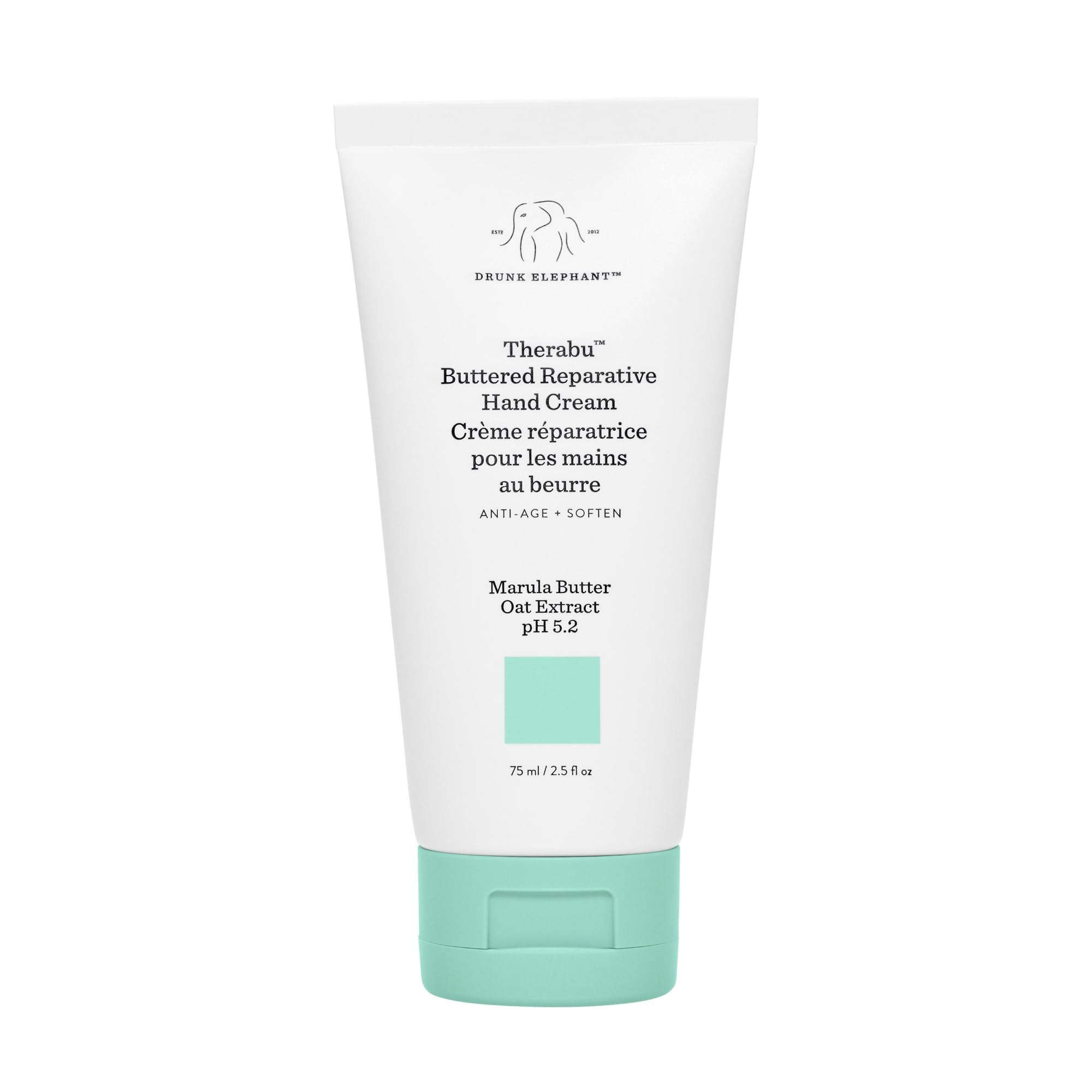Drunk Elephant Therabu Buttered Reparative Main Crème – bouteille élégante favorisant une hydratation longue durée.