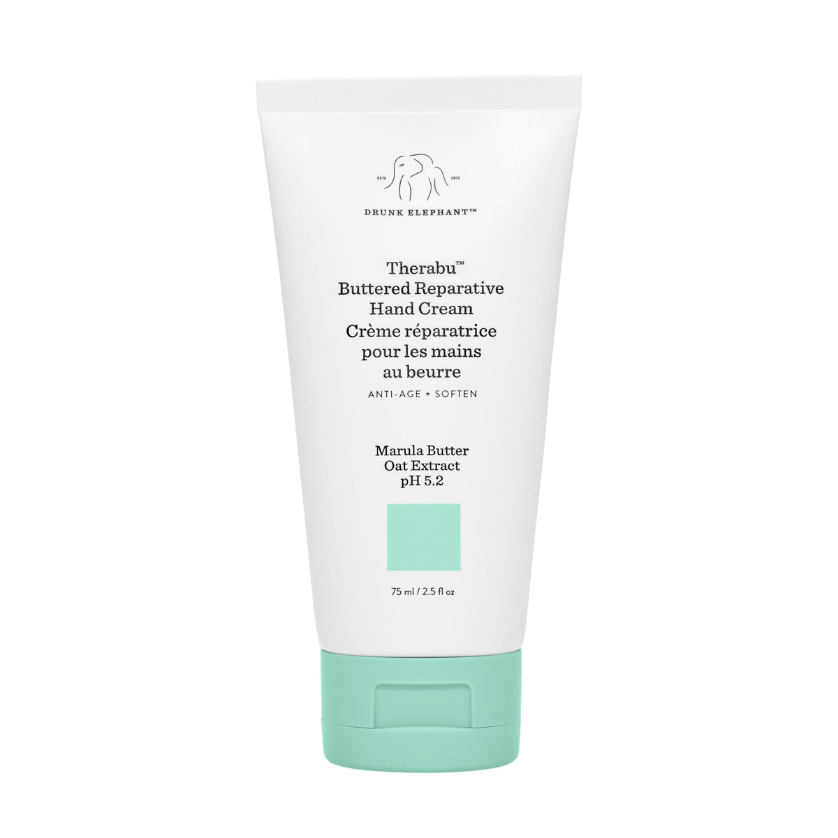 Drunk Elephant Therabu Buttered Reparative Main Crème – bouteille élégante favorisant une hydratation longue durée.