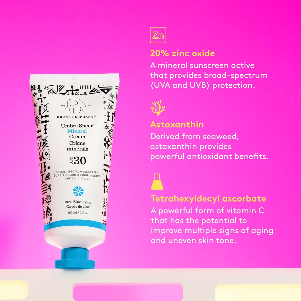 Drunk Elephant Umbra Sheer SPF30, protection quotidienne du visage et du cou.
