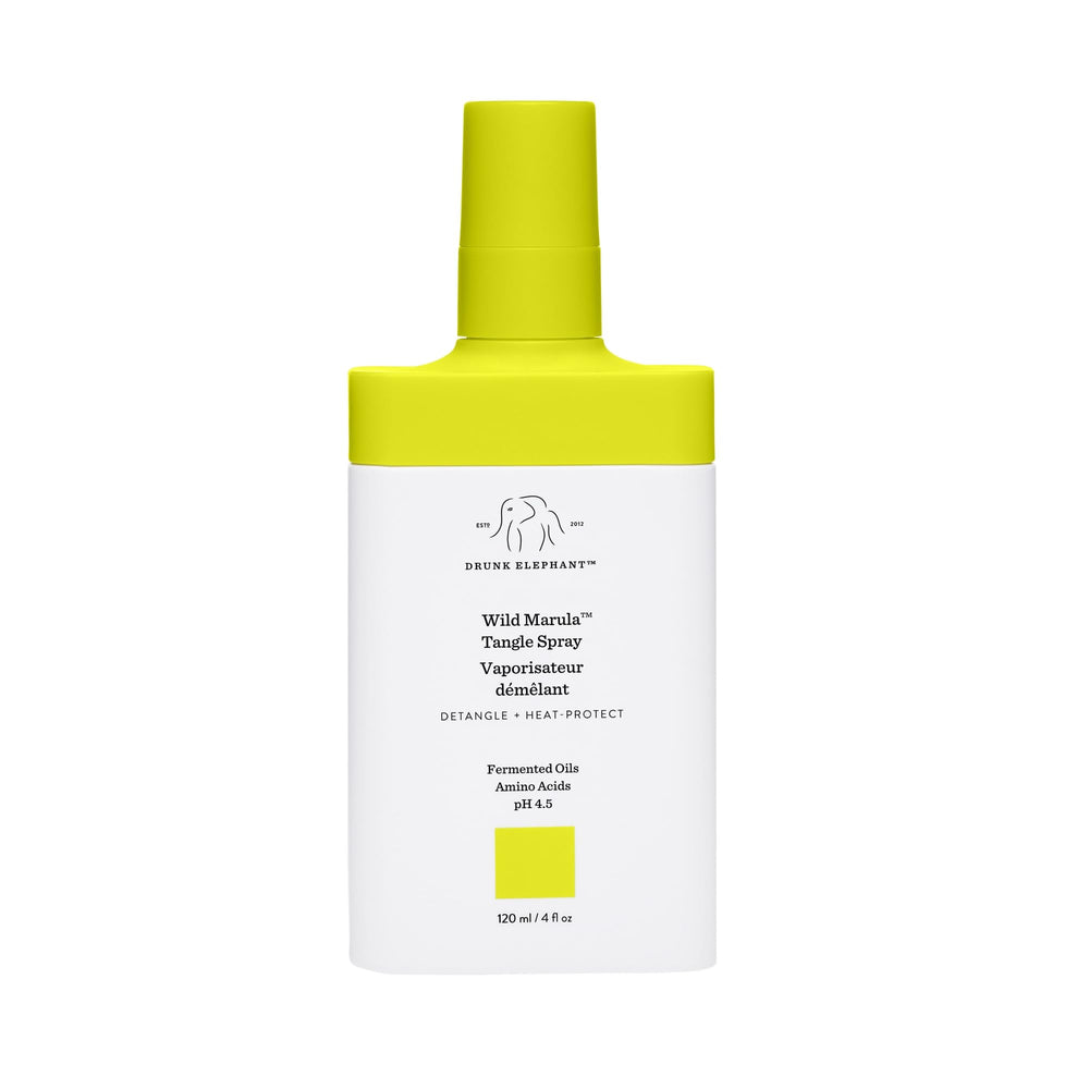Drunk Elephant Wild Marula Tangle Spray – bouteille visible, démêle sans résidu et offre brillance légère.