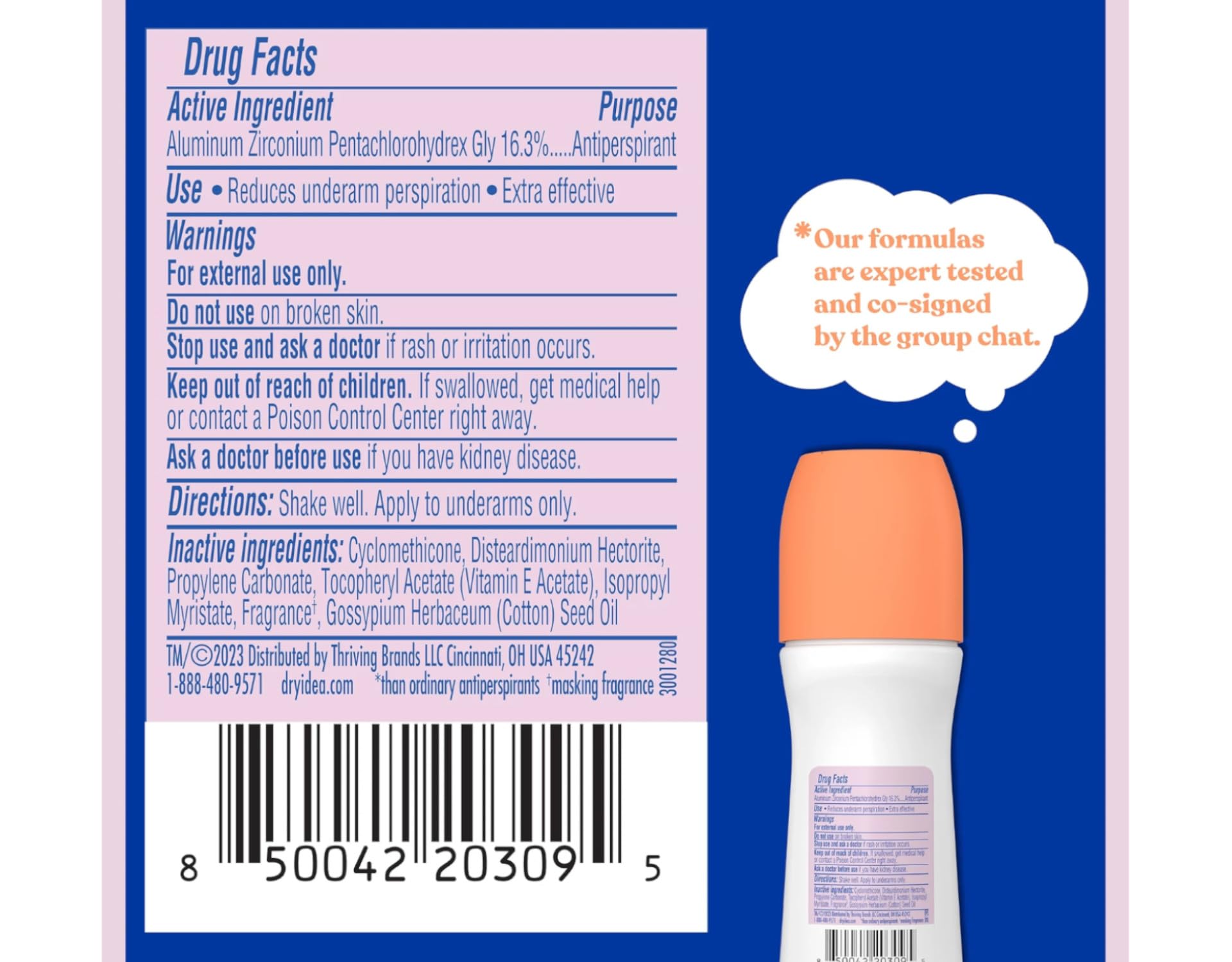 Dry Idea Roll-On Sans Parfum — formule antitranspirante à 16 pour cent.