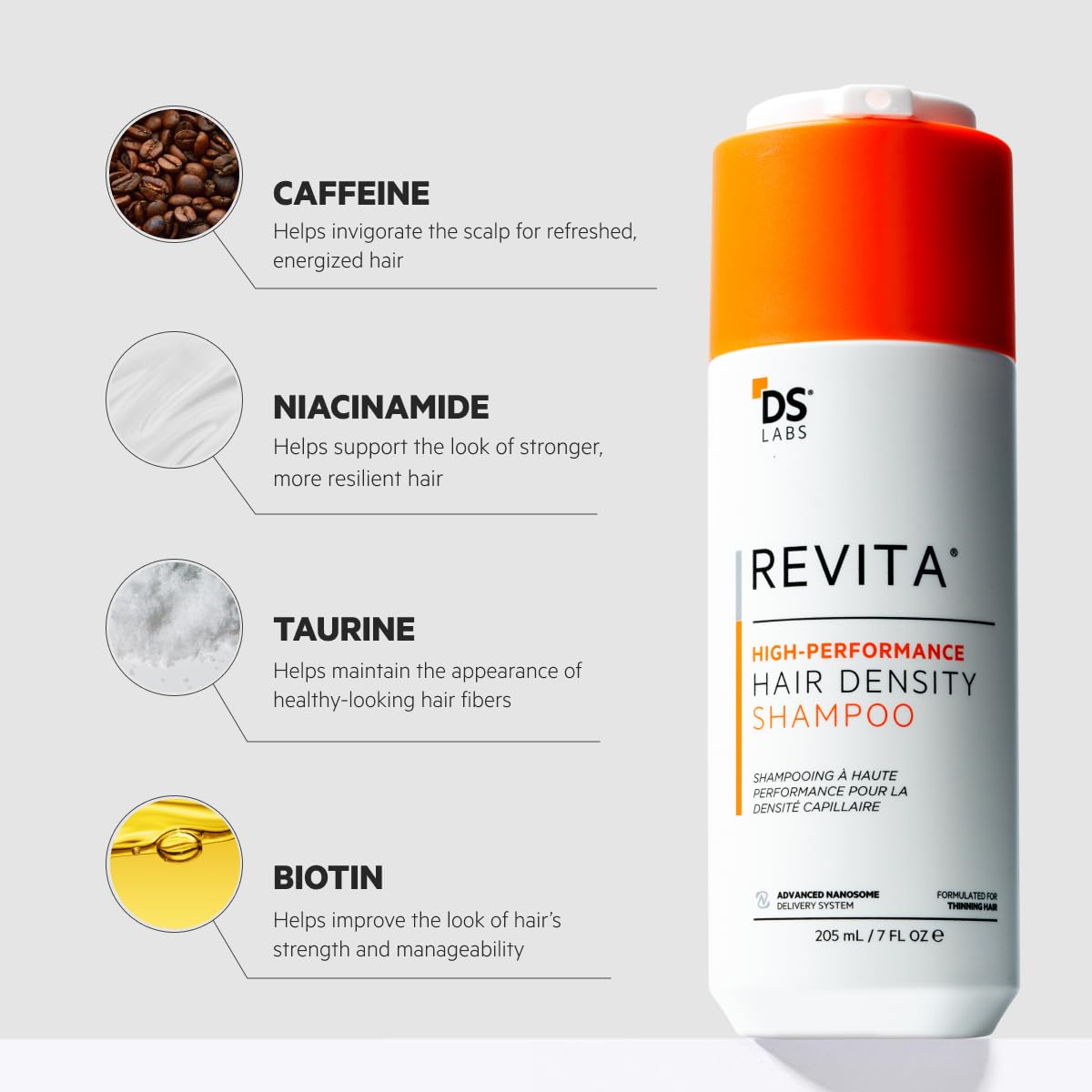 DS Laboratories Revita Shampoo bottle pour illustrating easy application.