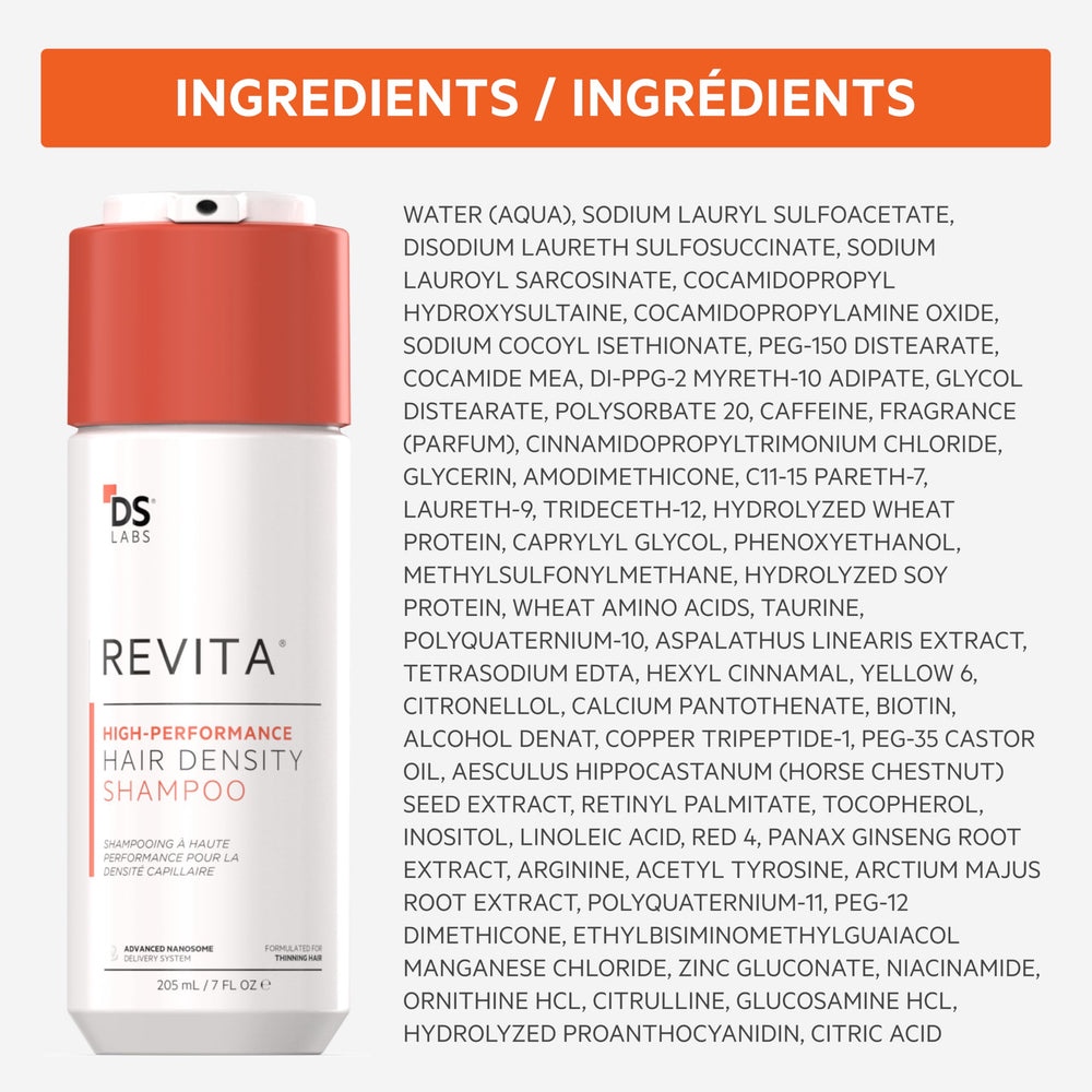 DS Laboratories Revita Shampoo ingredients hint with caffeine and biotin for vitality.