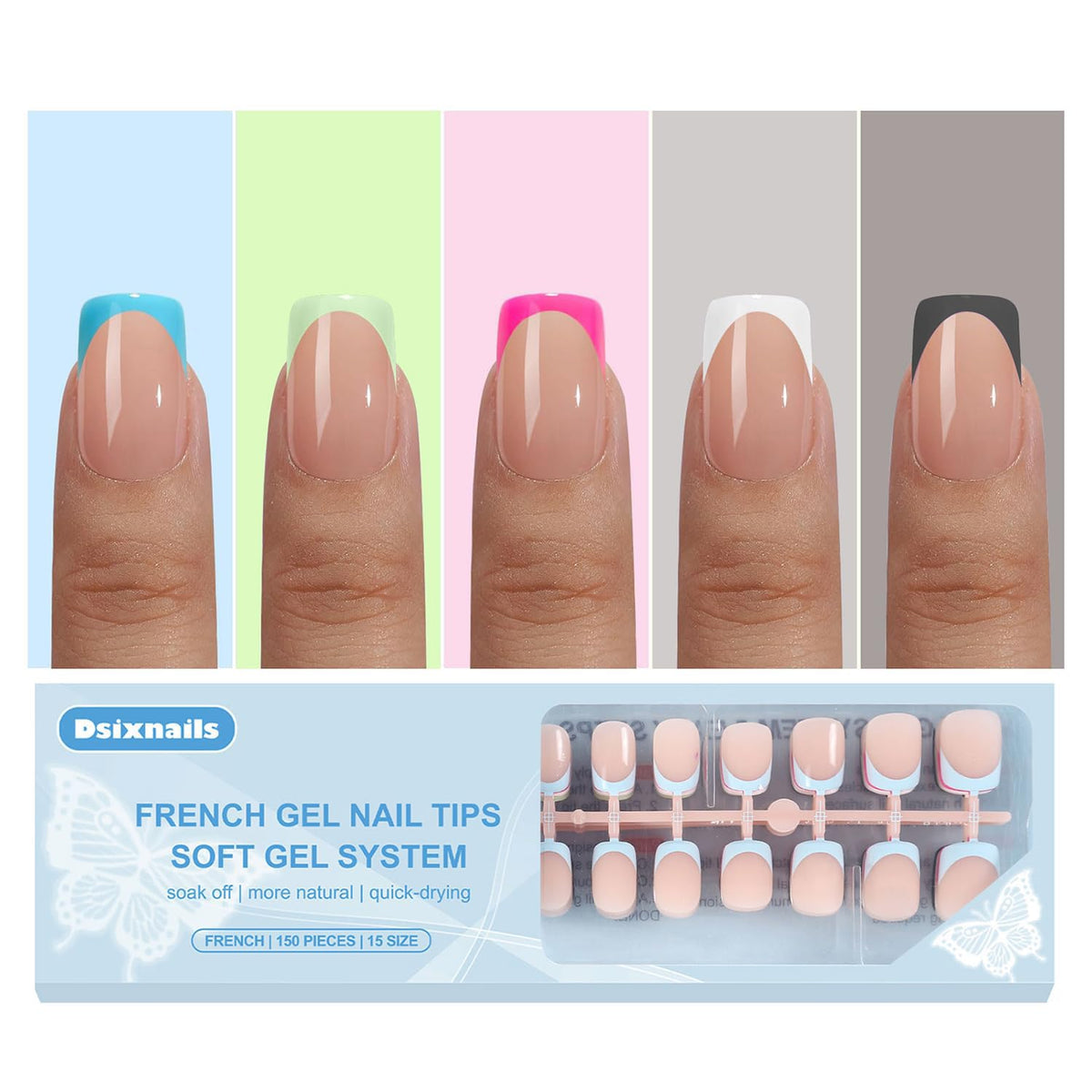 Dsixnails ongles pointe francaise carreé 150pieces, ensemble pour pose rapide et précise.