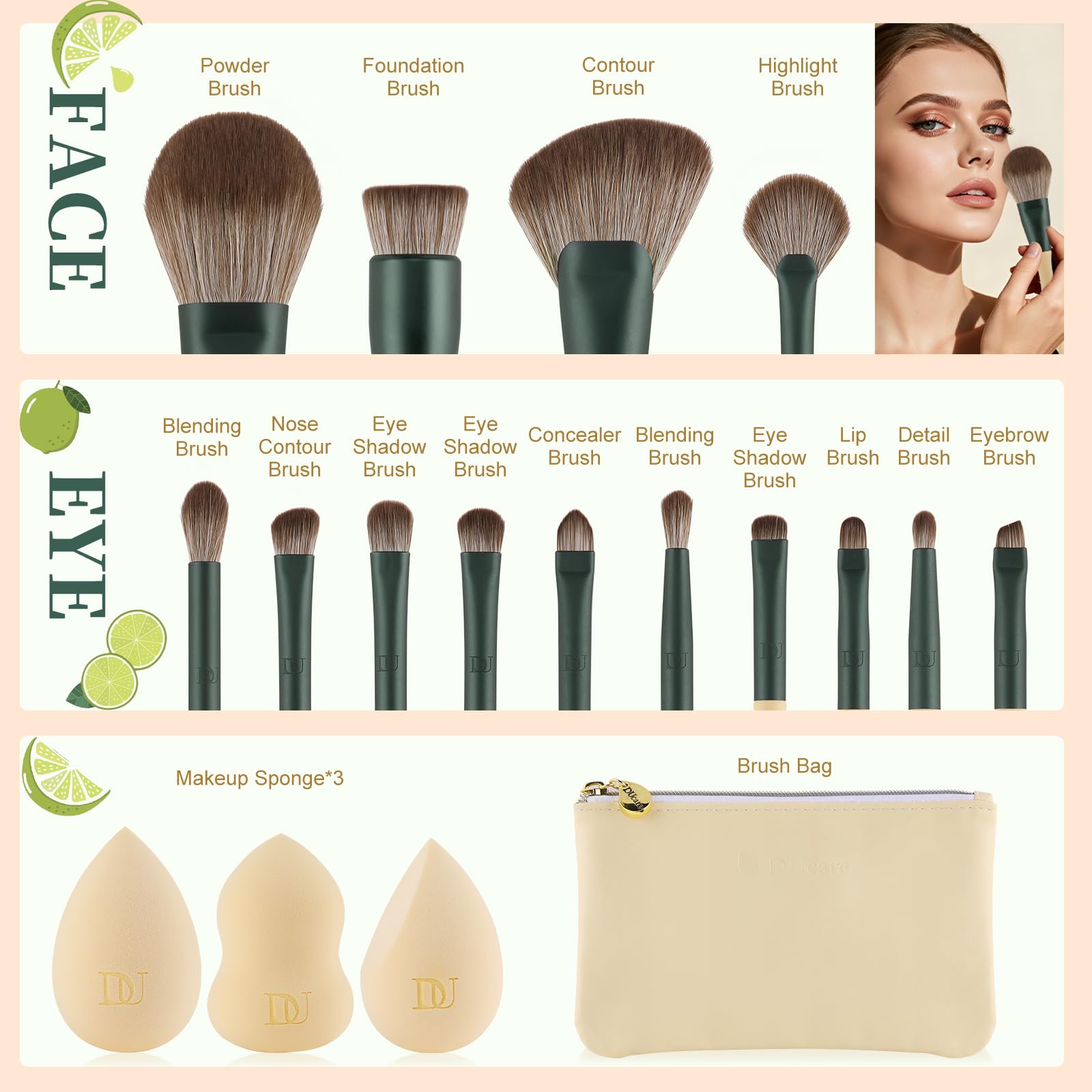 DUcare-pinceaux-precision-dix-pieces, polyvalents pour paupières, creux et liner.