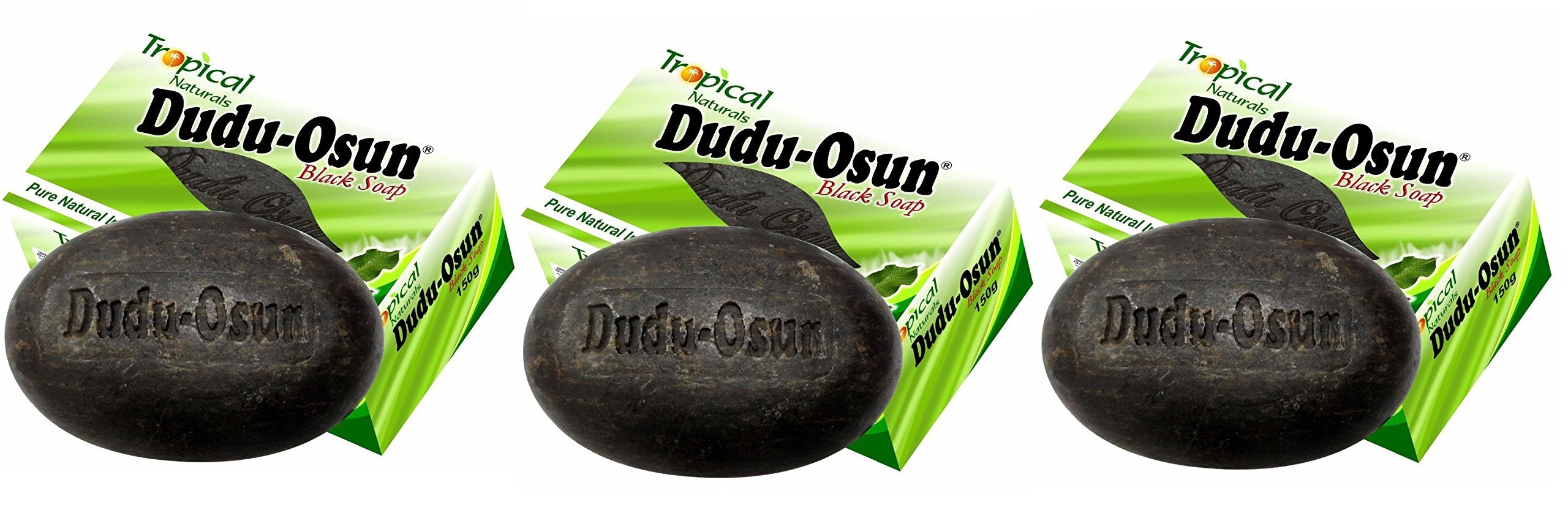 Savon noir africain Dudu-Osun pur, pack 3, emballage pratique pour routine quotidienne.
