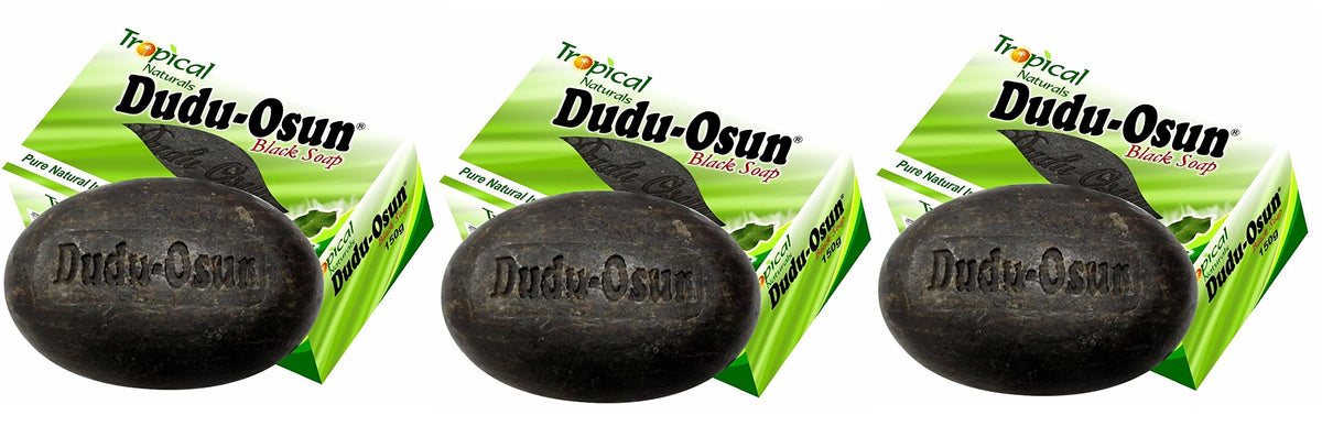 Savon noir africain Dudu-Osun pur, pack 3, emballage pratique pour routine quotidienne.