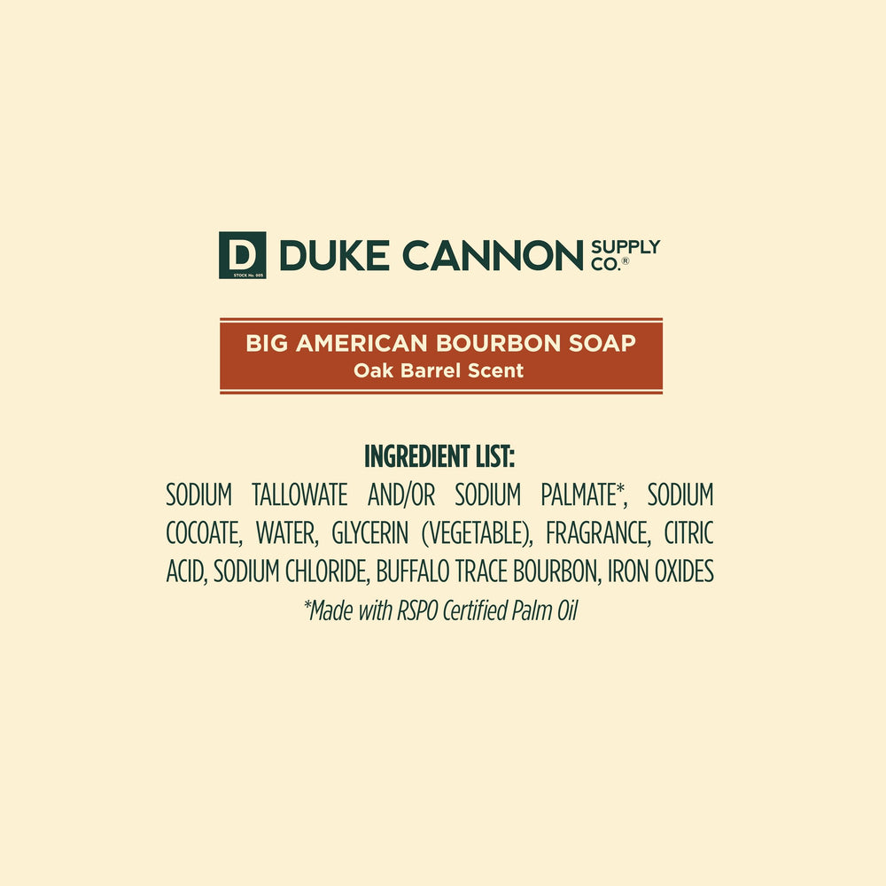 Bouteille Buffalo Trace bourbon et savon Duke Cannon pour une expérience authentique.