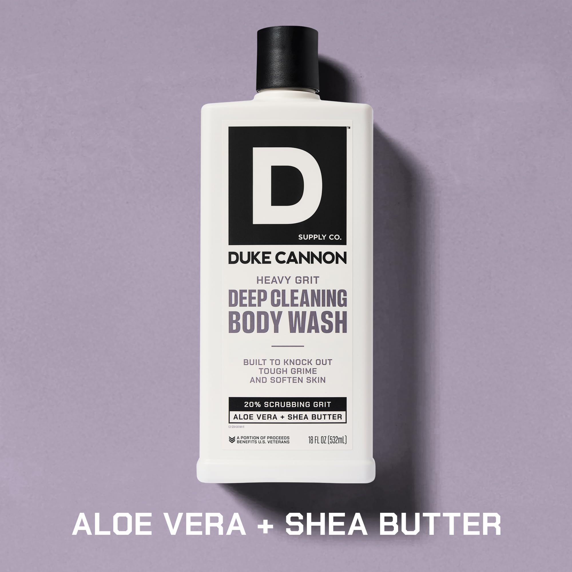 Duke Cannon Heavy Grit Body Wash: étiquette de l’emballage montrant le design industriel
