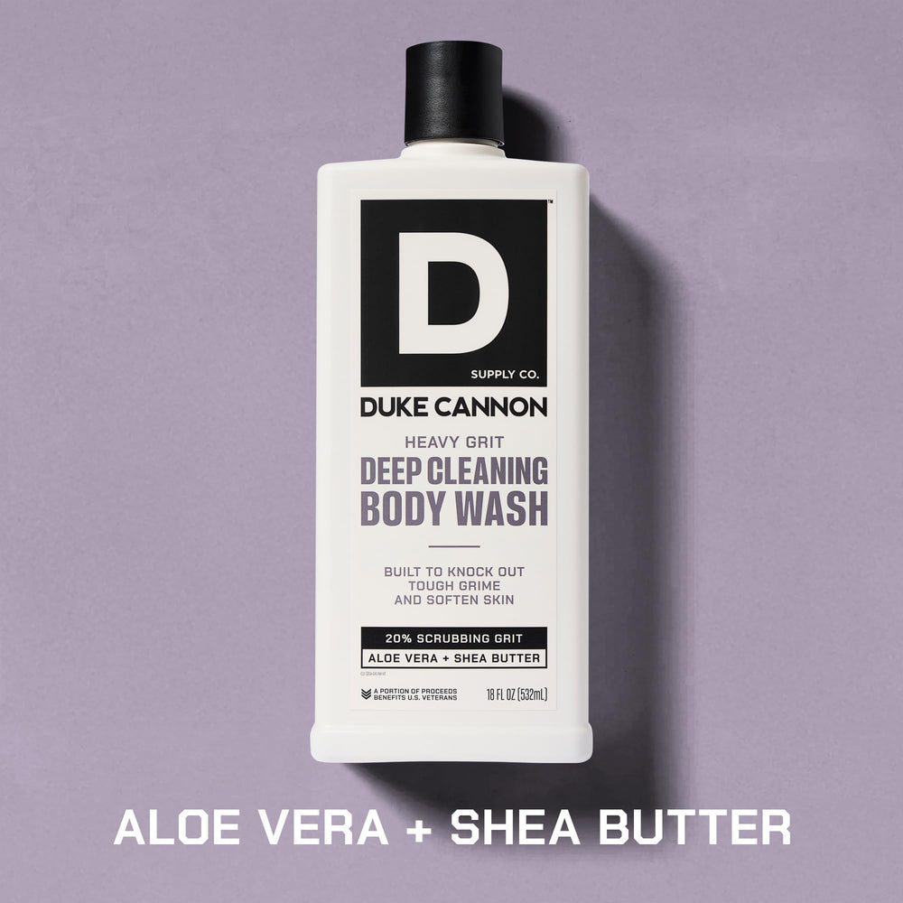 Duke Cannon Heavy Grit Body Wash: étiquette de l’emballage montrant le design industriel