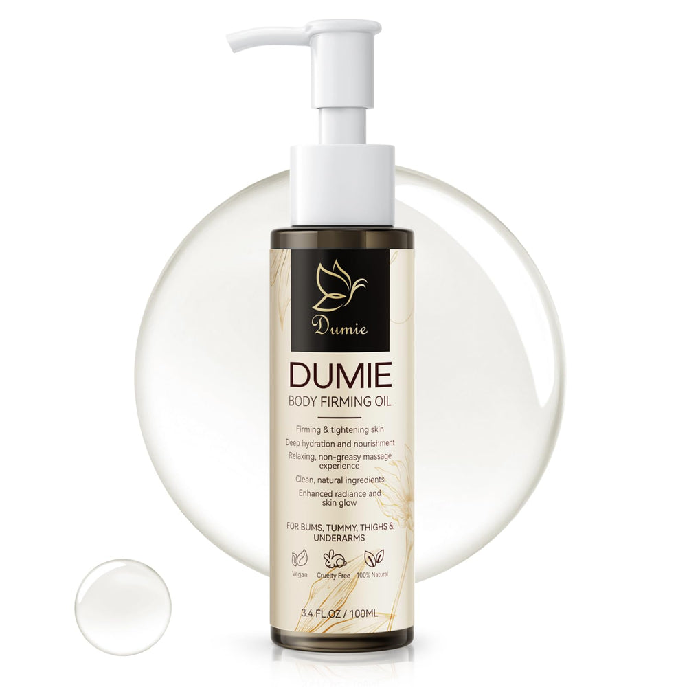 Dumie huile raffermissante pour le corps – bouteille élégante et hydratation quotidienne.