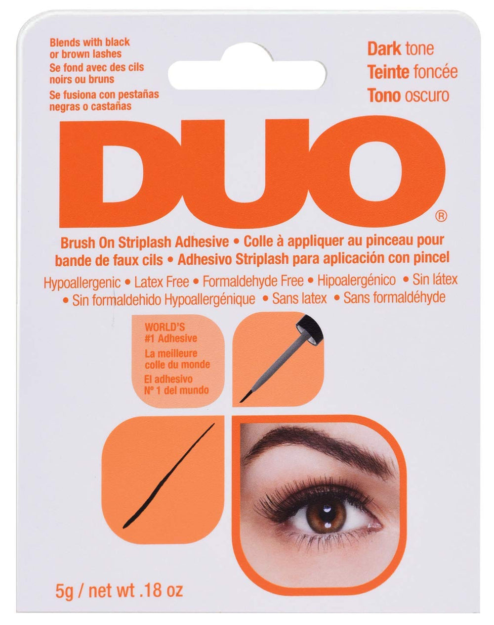 DUO adhésif faux-cils flacon sombre, se fond avec cils noirs ou bruns.