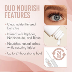 DUO Nourish Brush-On Clear Lash Glue, conçu pour les yeux sensibles et une adhérence douce.