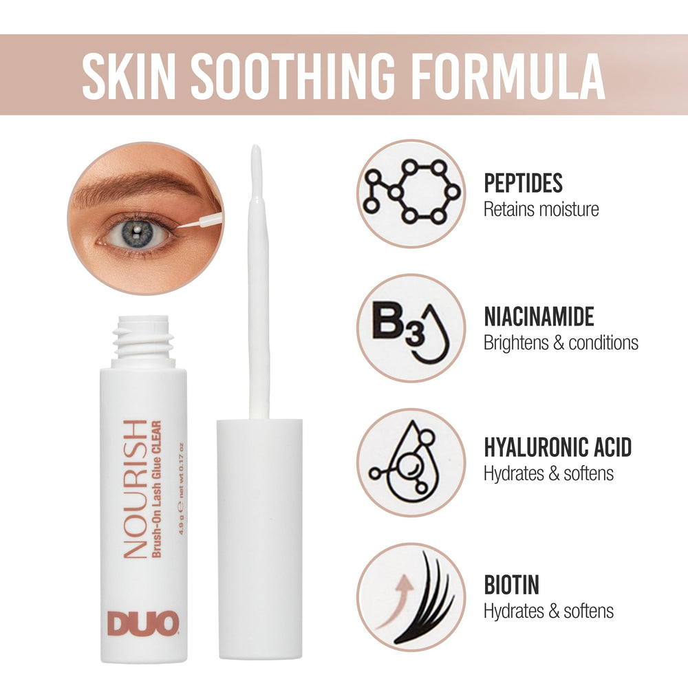 DUO Nourish Brush-On Clear Lash Glue, pinceau précis pour une application sur chaque ligne de cils.