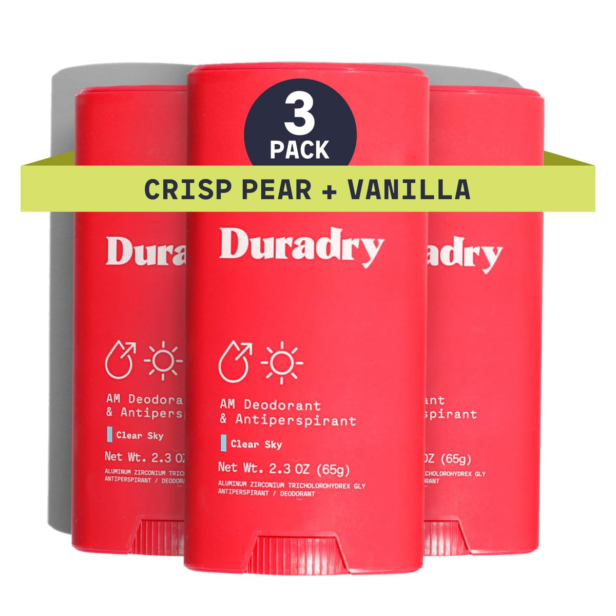 Duradry bâton clair-ciel, fraîcheur durable et parfum poire-vanille.