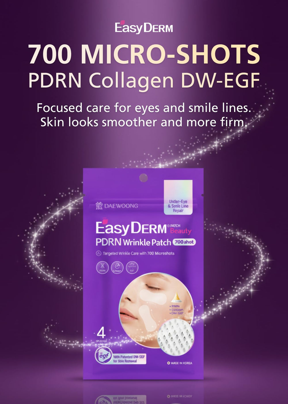 DWEasyDerm PDRN Patch sous les yeux en action pour hydratation ciblée.