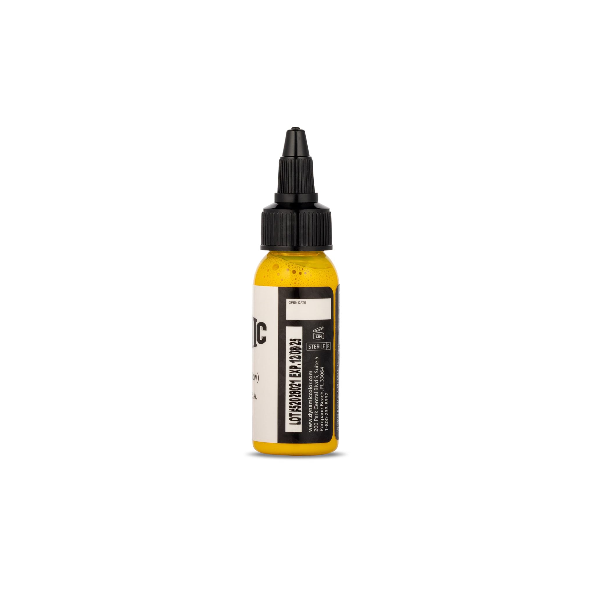 Dynamic Color Co: bouteille d'encre jaune canari avec emballage et étiquette hygiénique.