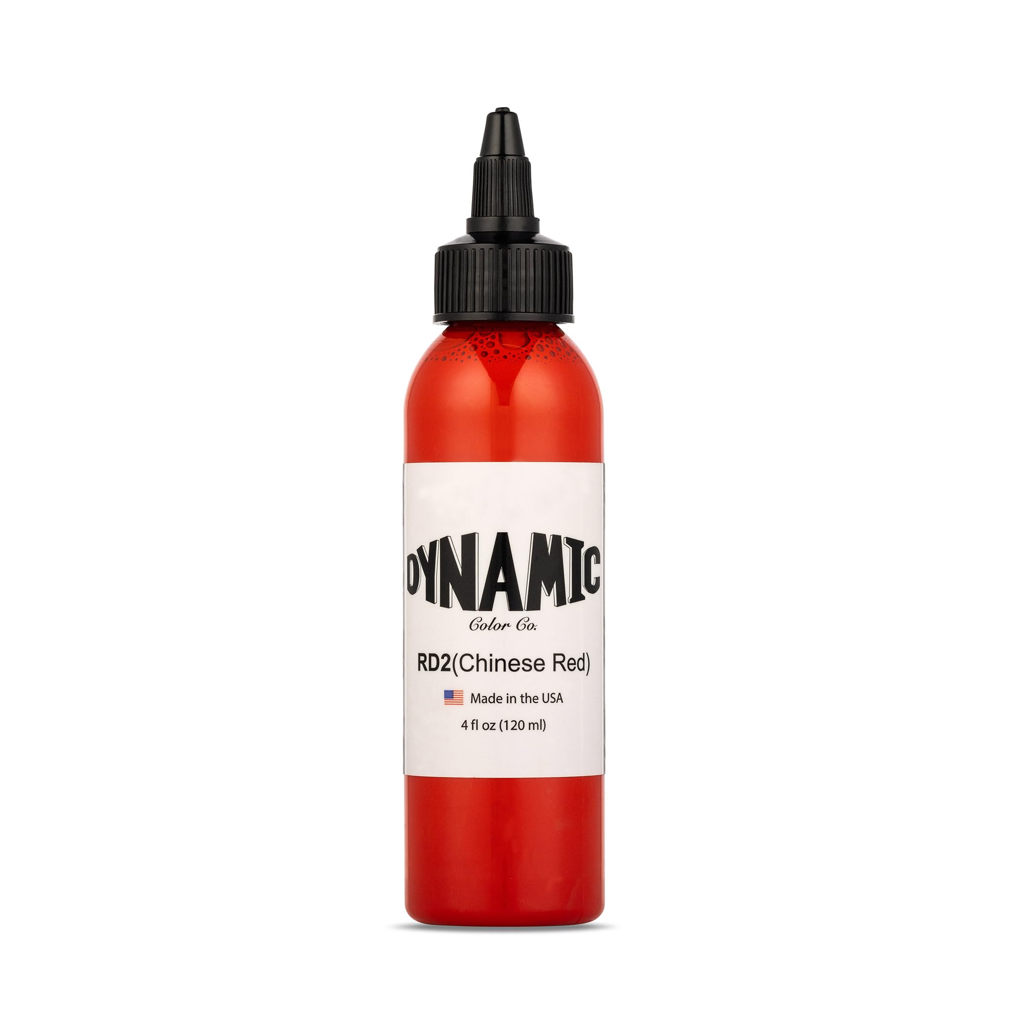 Encre tatouage Dynamic Color Co rouge chinois, bouteille 4 oz, couleur riche et prête à l’emploi.