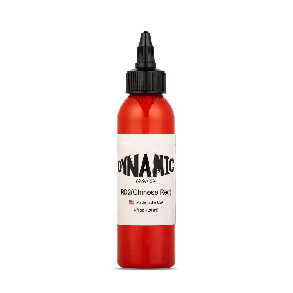 Encre tatouage Dynamic Color Co rouge chinois, bouteille 4 oz, couleur riche et prête à l’emploi.
